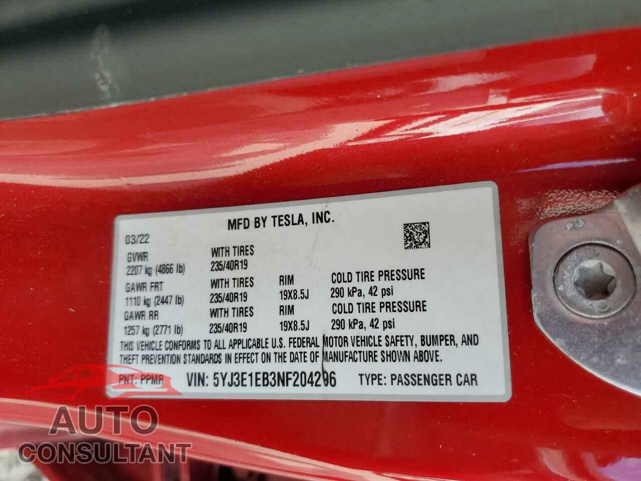 TESLA MODEL 3 2022 - 5YJ3E1EB3NF204296