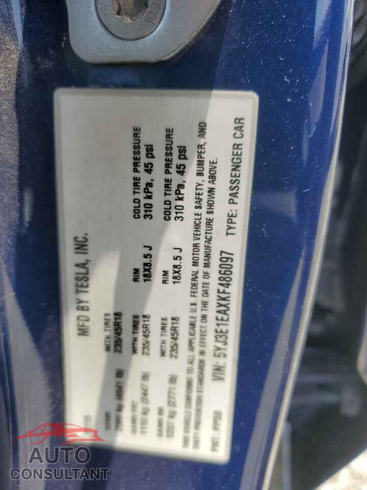 TESLA MODEL 3 2019 - 5YJ3E1EAXKF486097