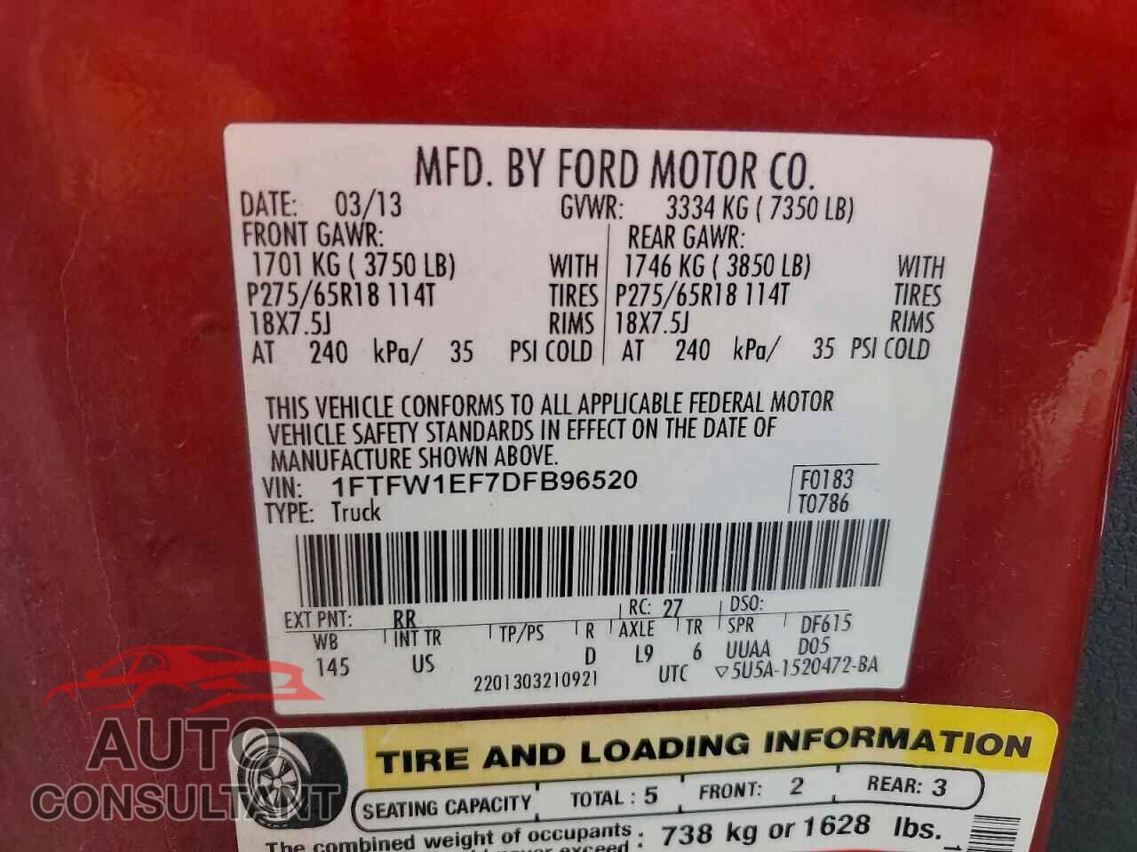 FORD F150 2013 - 1FTFW1EF7DFB96520