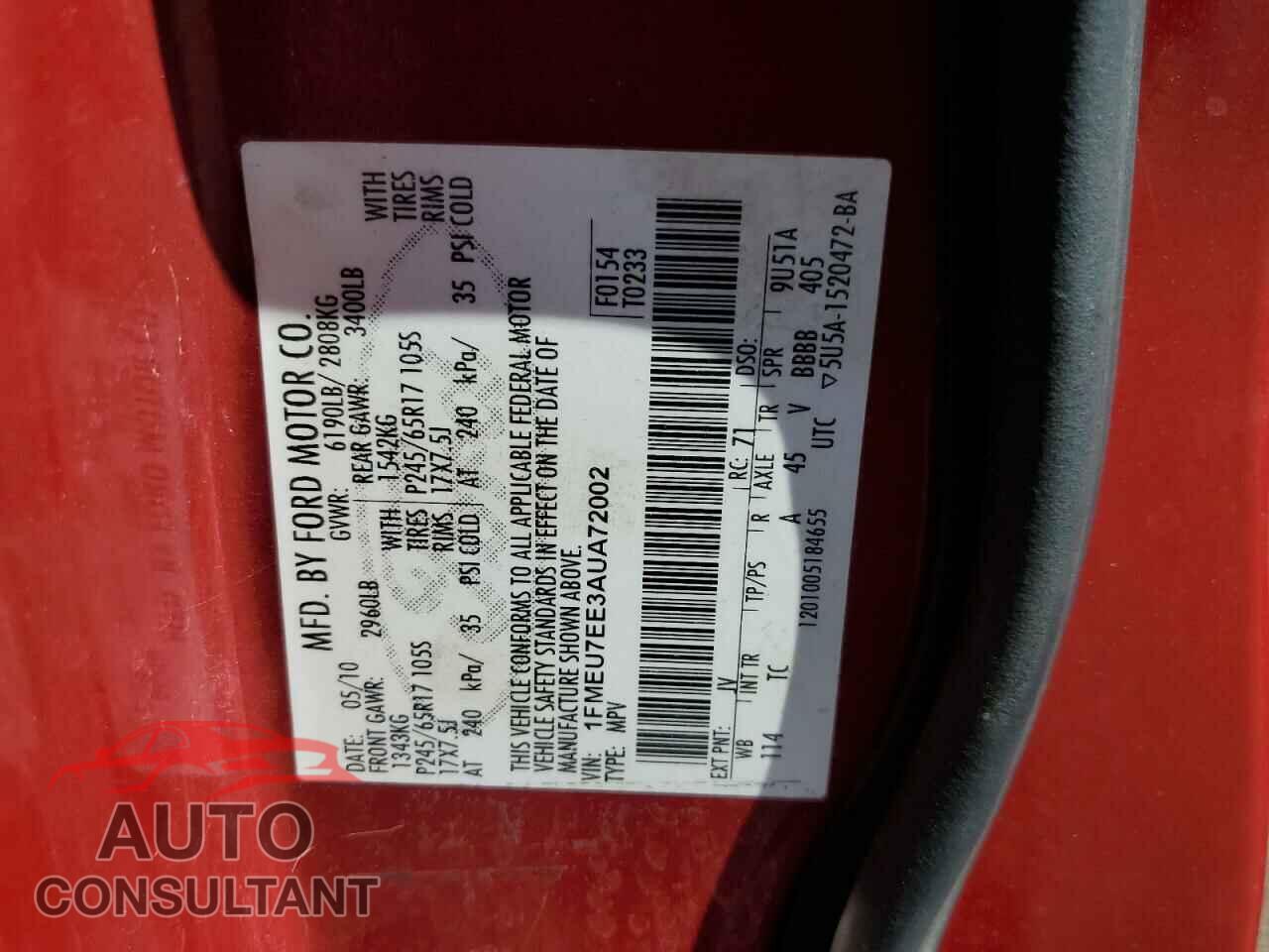FORD EXPLORER 2010 - 1FMEU7EE3AUA72002