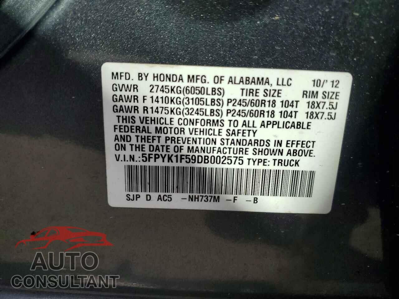 HONDA RIDGELINE 2013 - 5FPYK1F59DB002575