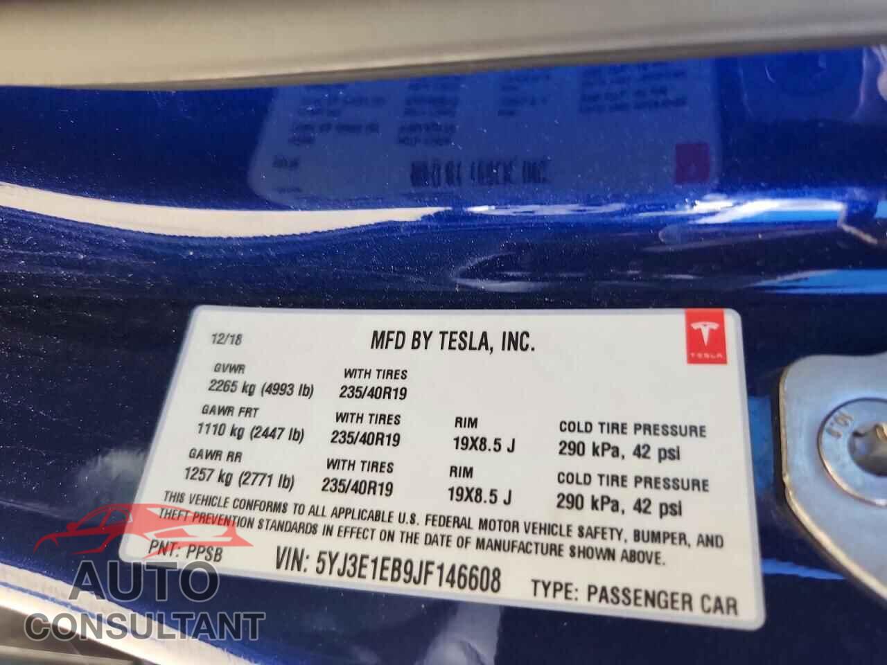 TESLA MODEL 3 2018 - 5YJ3E1EB9JF146608