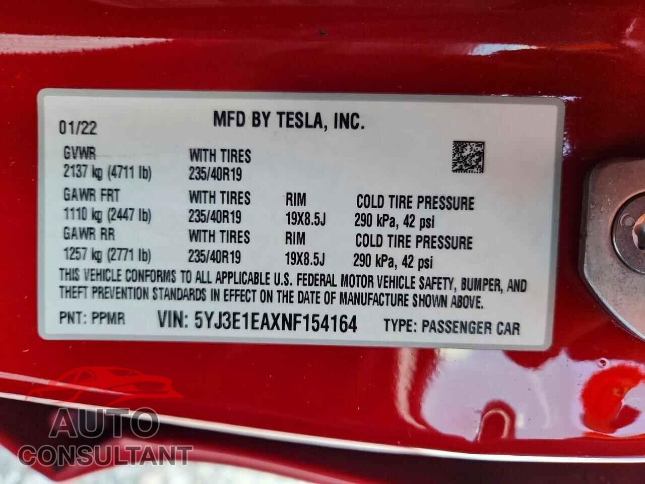 TESLA MODEL 3 2022 - 5YJ3E1EAXNF154164