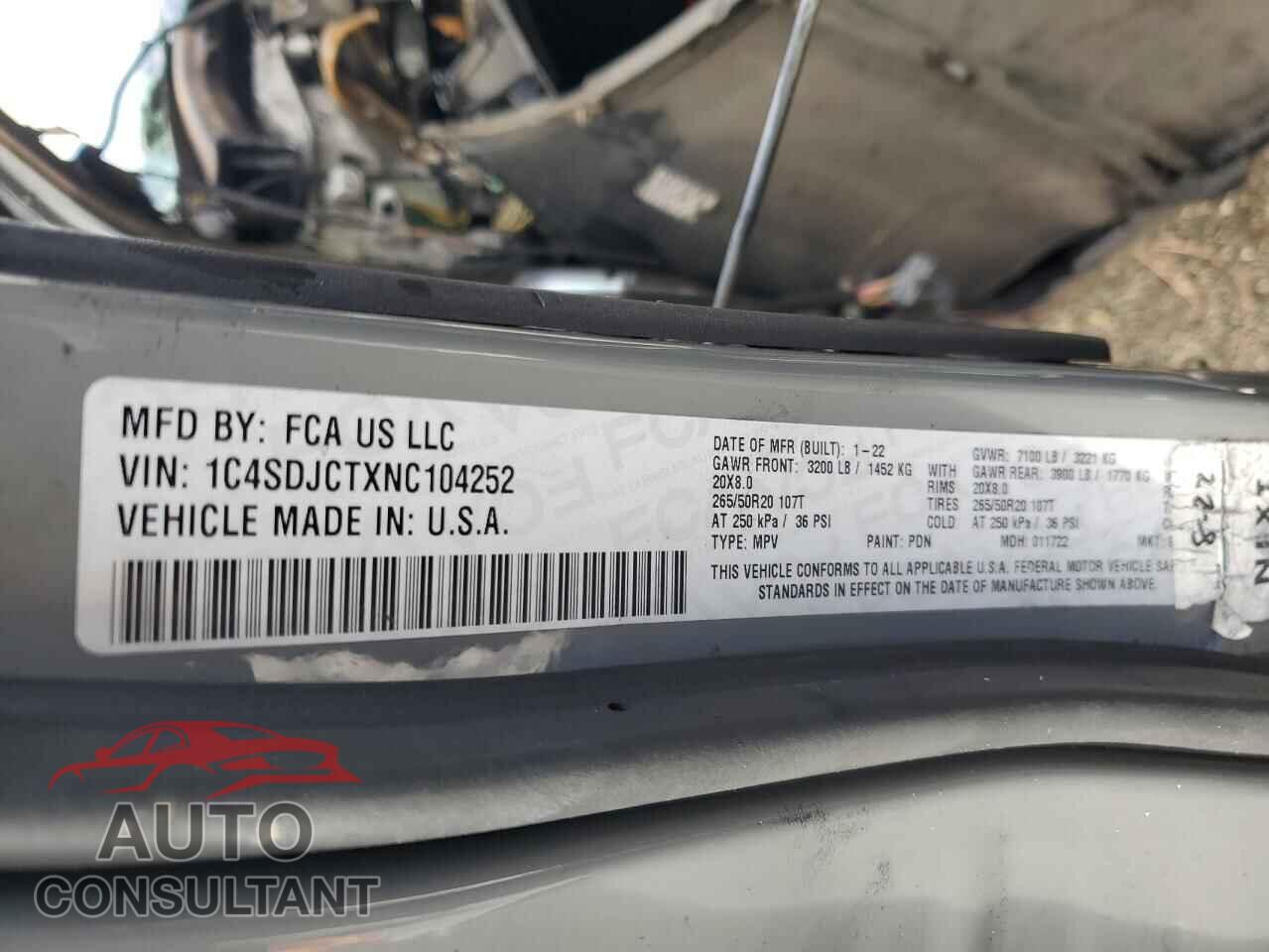 DODGE DURANGO 2022 - 1C4SDJCTXNC104252