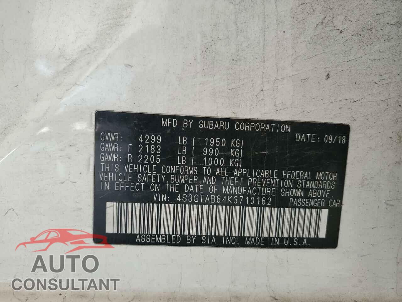SUBARU IMPREZA 2019 - 4S3GTAB64K3710162