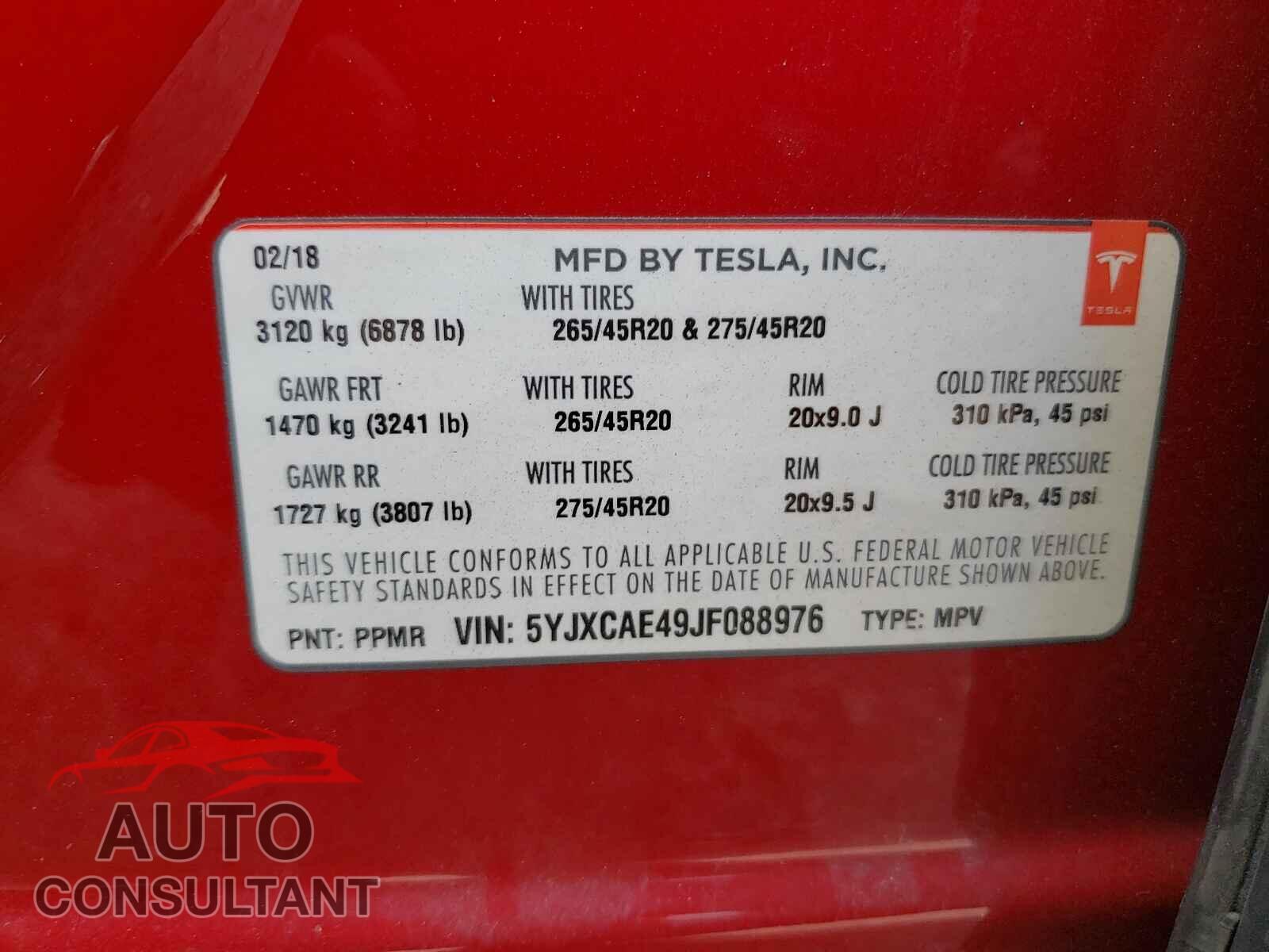 TESLA MODEL X 2018 - 5YJXCAE49JF088976
