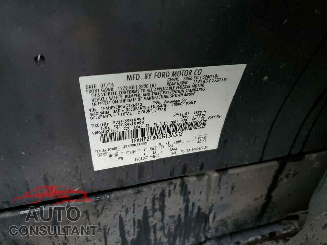 FORD TAURUS 2016 - 1FAHP2E80GG136533