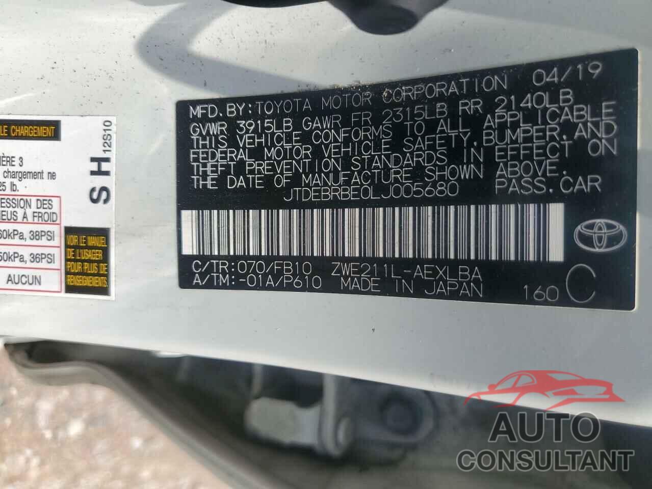 TOYOTA COROLLA 2020 - JTDEBRBE0LJ005680
