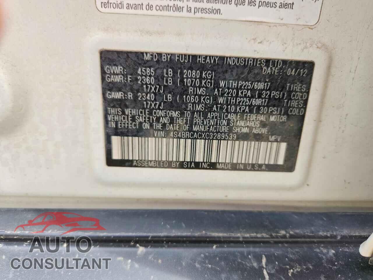 SUBARU OUTBACK 2012 - 4S4BRCACXC3289539