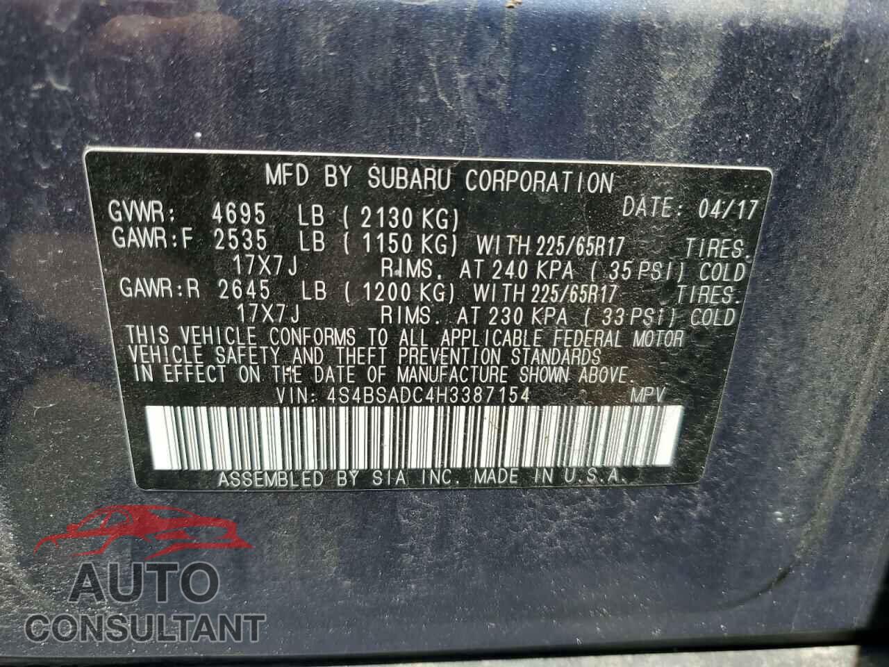 SUBARU OUTBACK 2017 - 4S4BSADC4H3387154