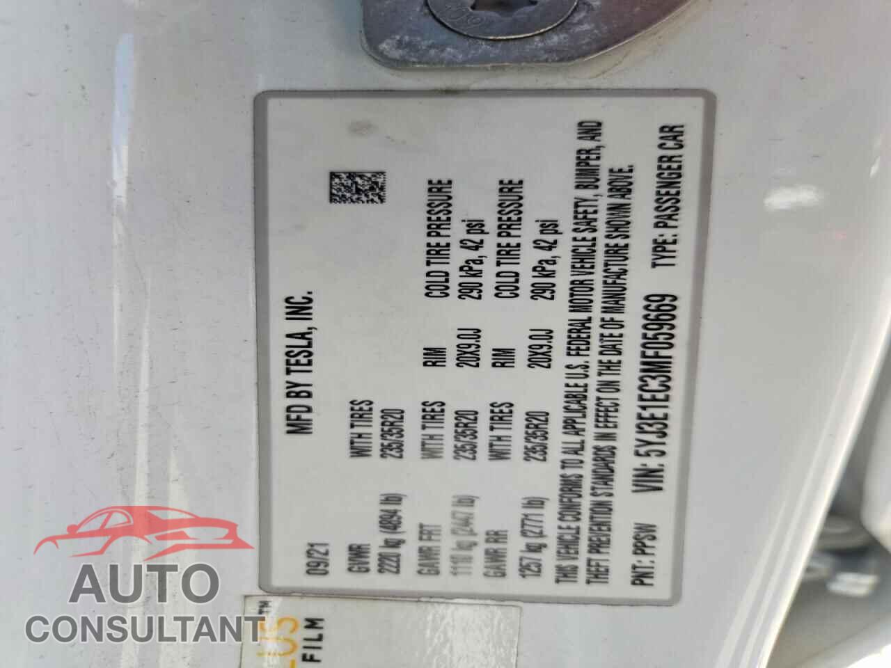 TESLA MODEL 3 2021 - 5YJ3E1EC3MF059669