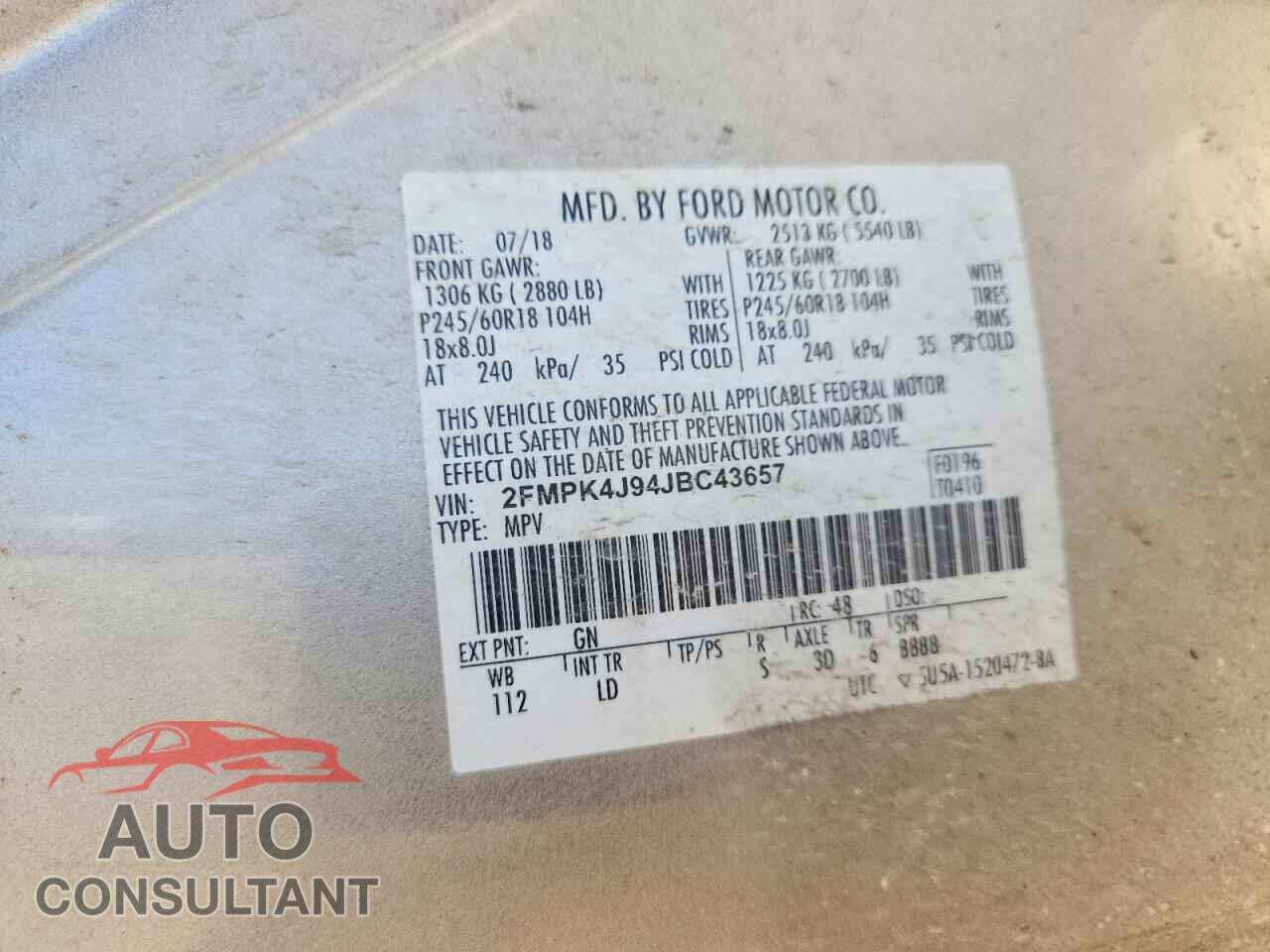 FORD EDGE 2018 - 2FMPK4J94JBC43657