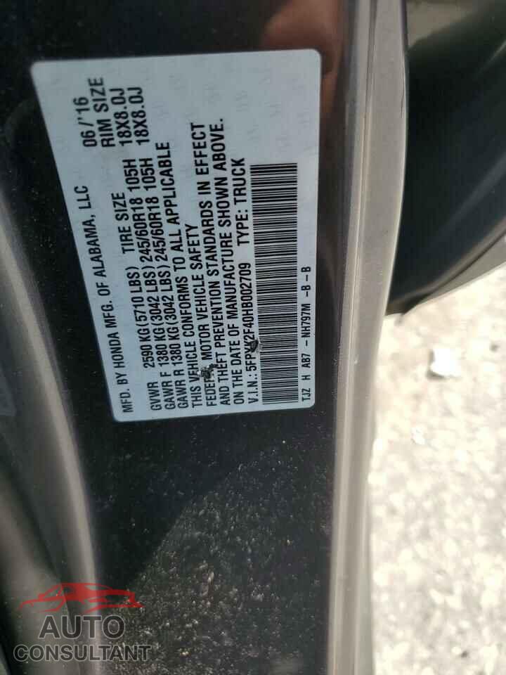 HONDA RIDGELINE 2017 - 5FPYK2F40HB002709