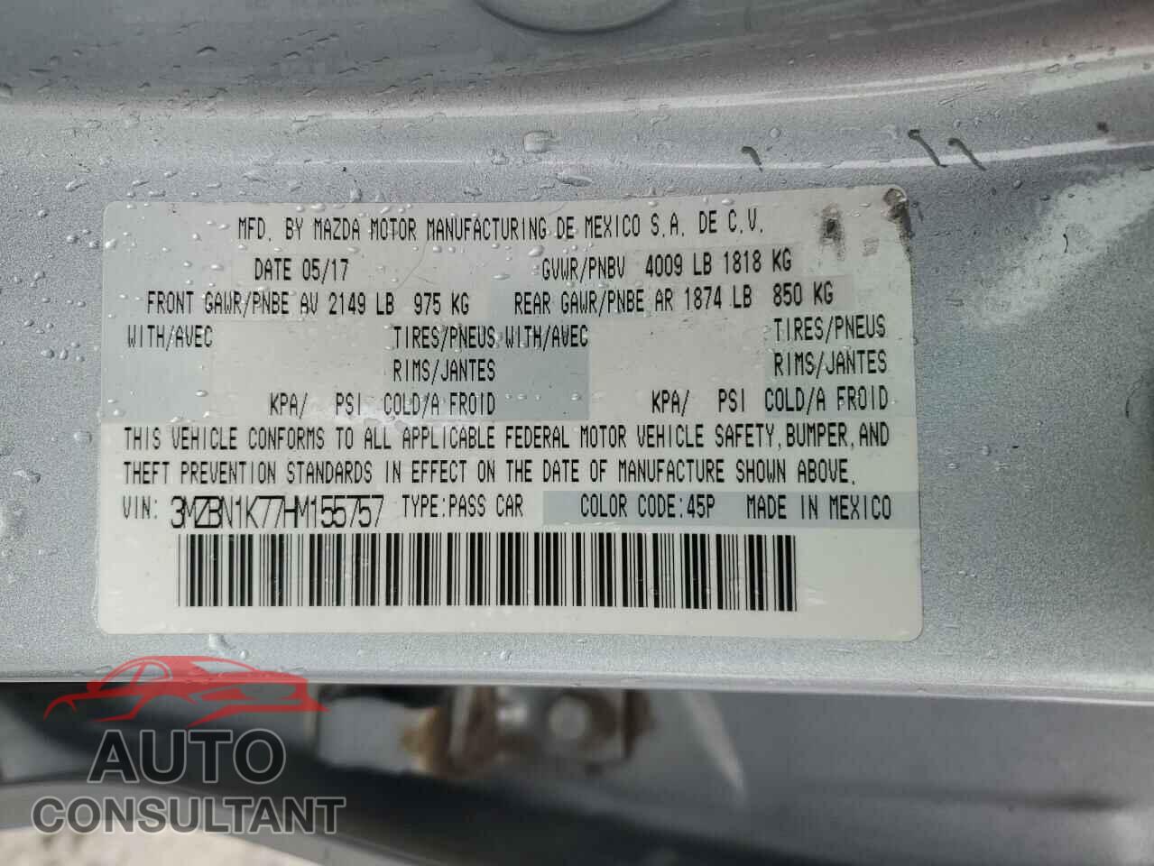 MAZDA 3 2017 - 3MZBN1K77HM155757