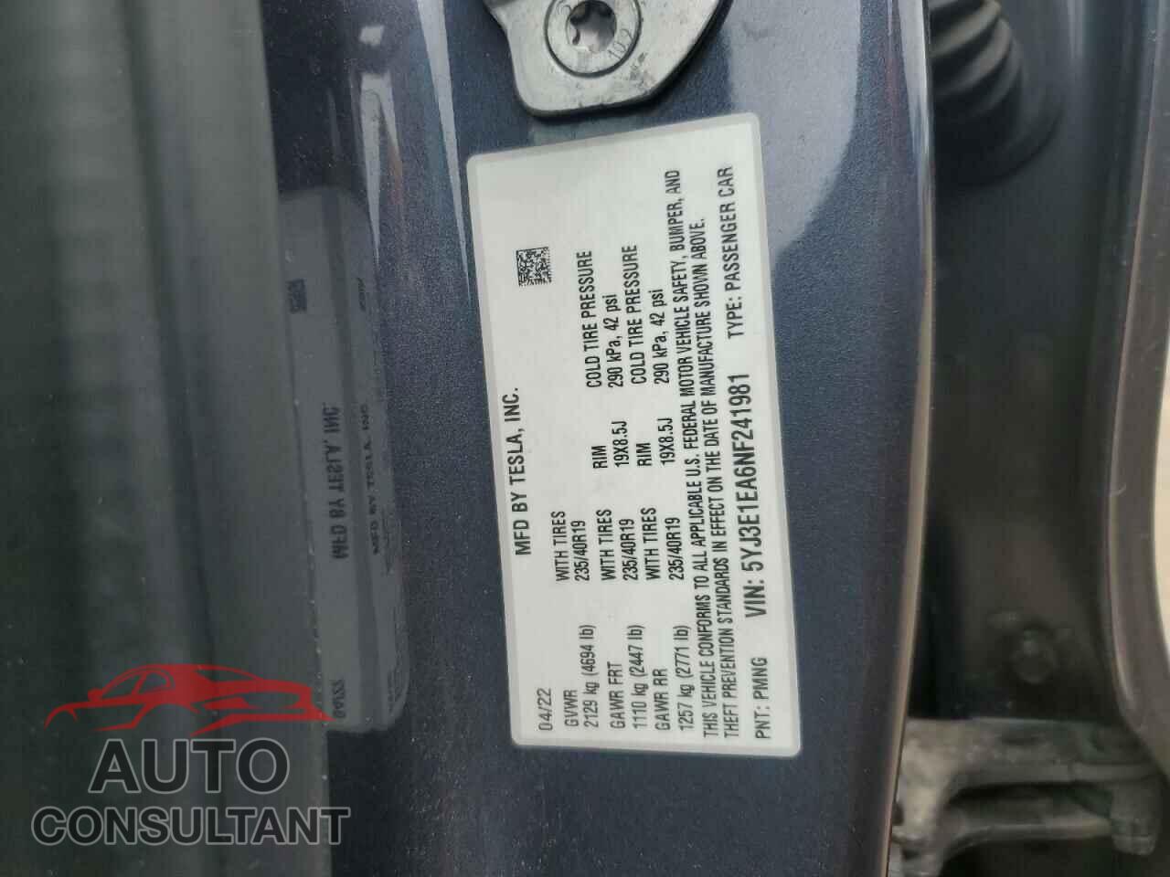 TESLA MODEL 3 2022 - 5YJ3E1EA6NF241981