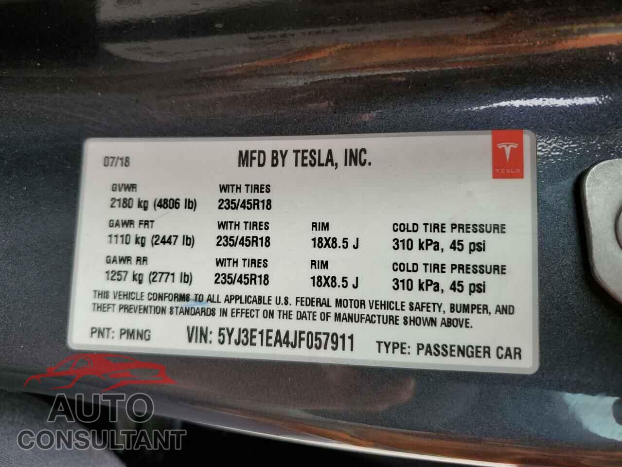 TESLA MODEL 3 2018 - 5YJ3E1EA4JF057911