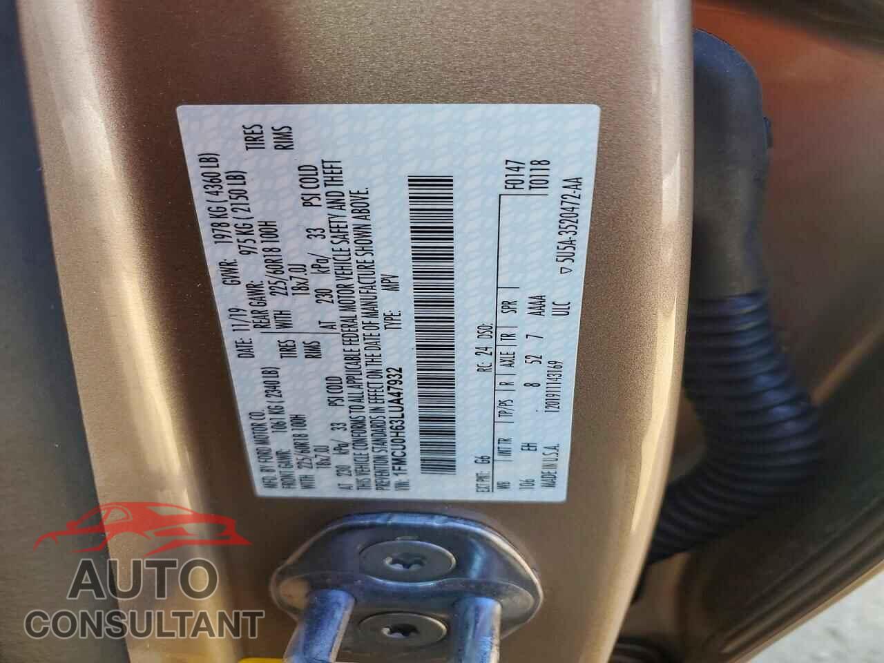 FORD ESCAPE 2020 - 1FMCU0H63LUA47932