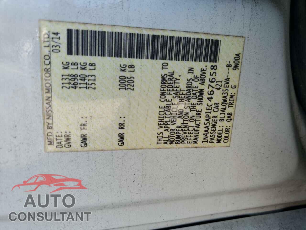 NISSAN MAXIMA 2014 - 1N4AA5AP1EC467658