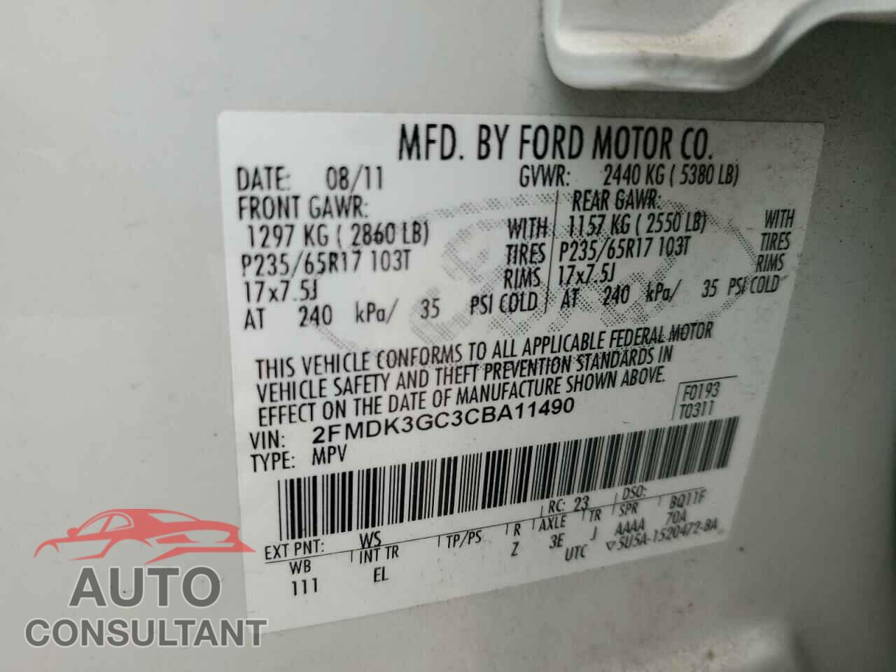 FORD EDGE 2012 - 2FMDK3GC3CBA11490