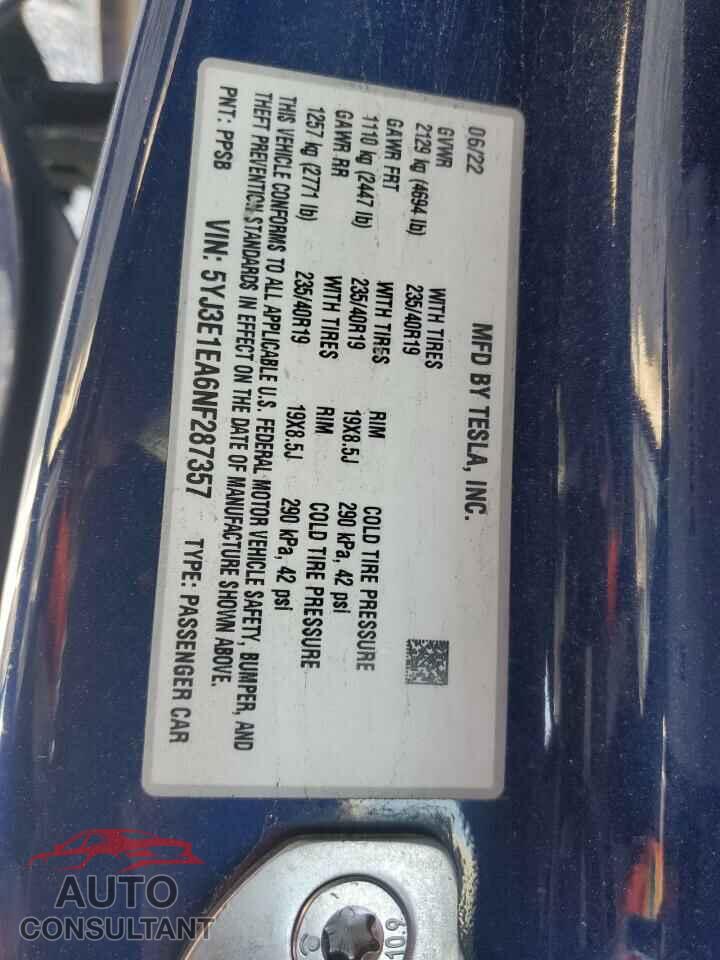 TESLA MODEL 3 2022 - 5YJ3E1EA6NF287357