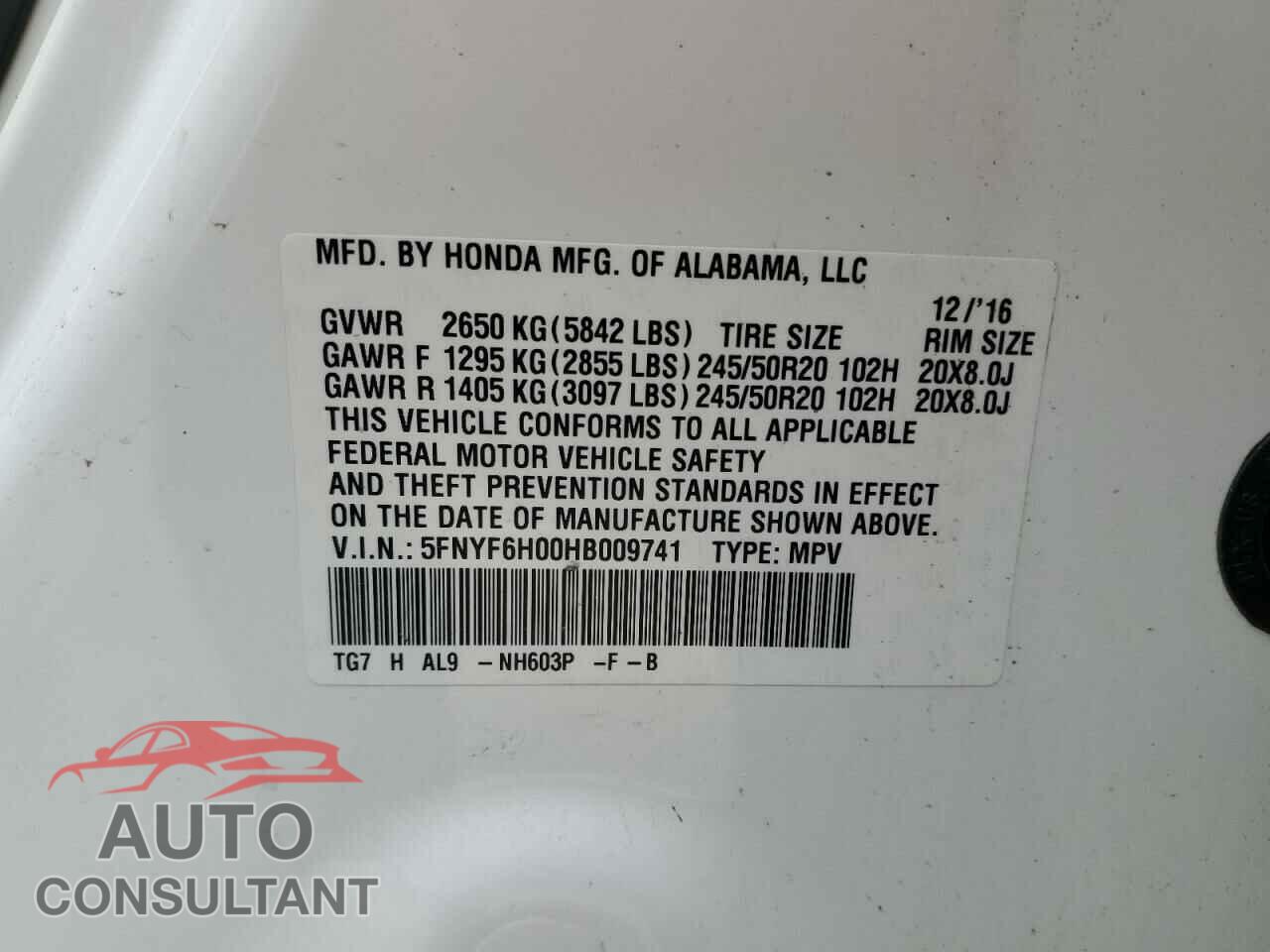 HONDA PILOT 2017 - 5FNYF6H00HB009741