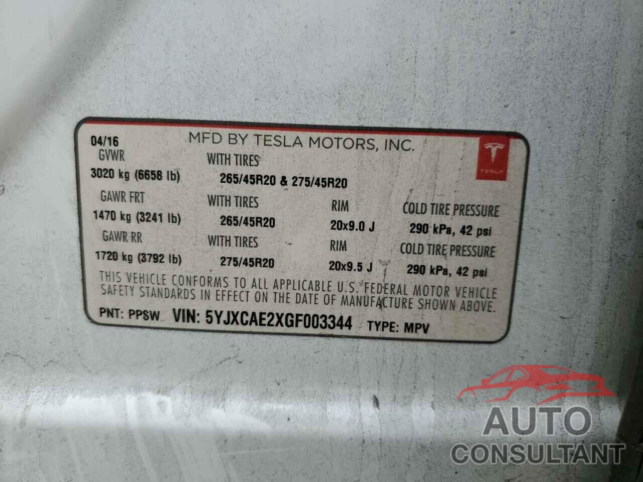 TESLA MODEL X 2016 - 5YJXCAE2XGF003344