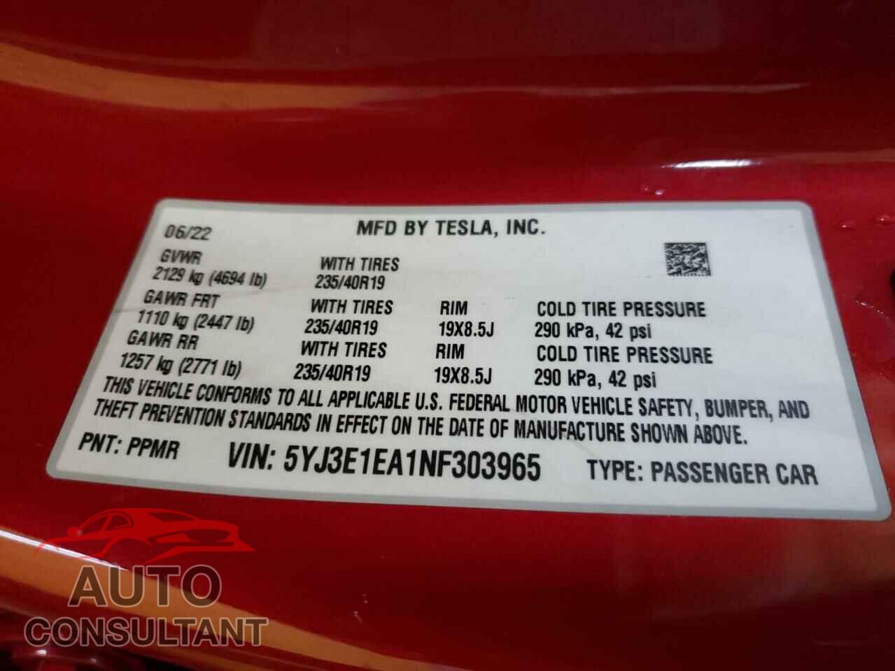 TESLA MODEL 3 2022 - 5YJ3E1EA1NF303965