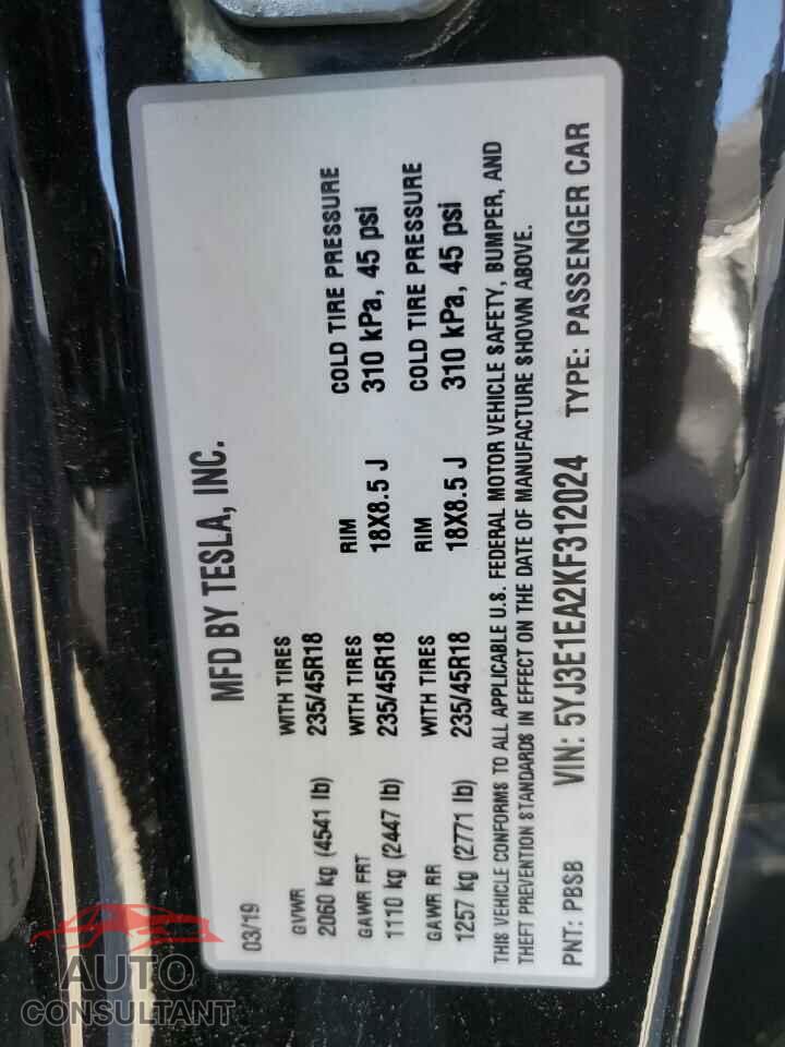 TESLA MODEL 3 2019 - 5YJ3E1EA2KF312024