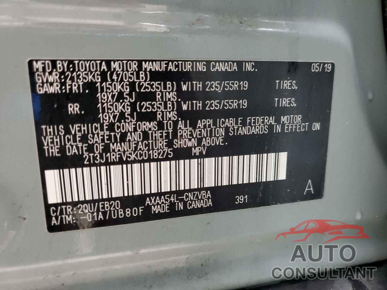 TOYOTA RAV4 2019 - 2T3J1RFV5KC018275