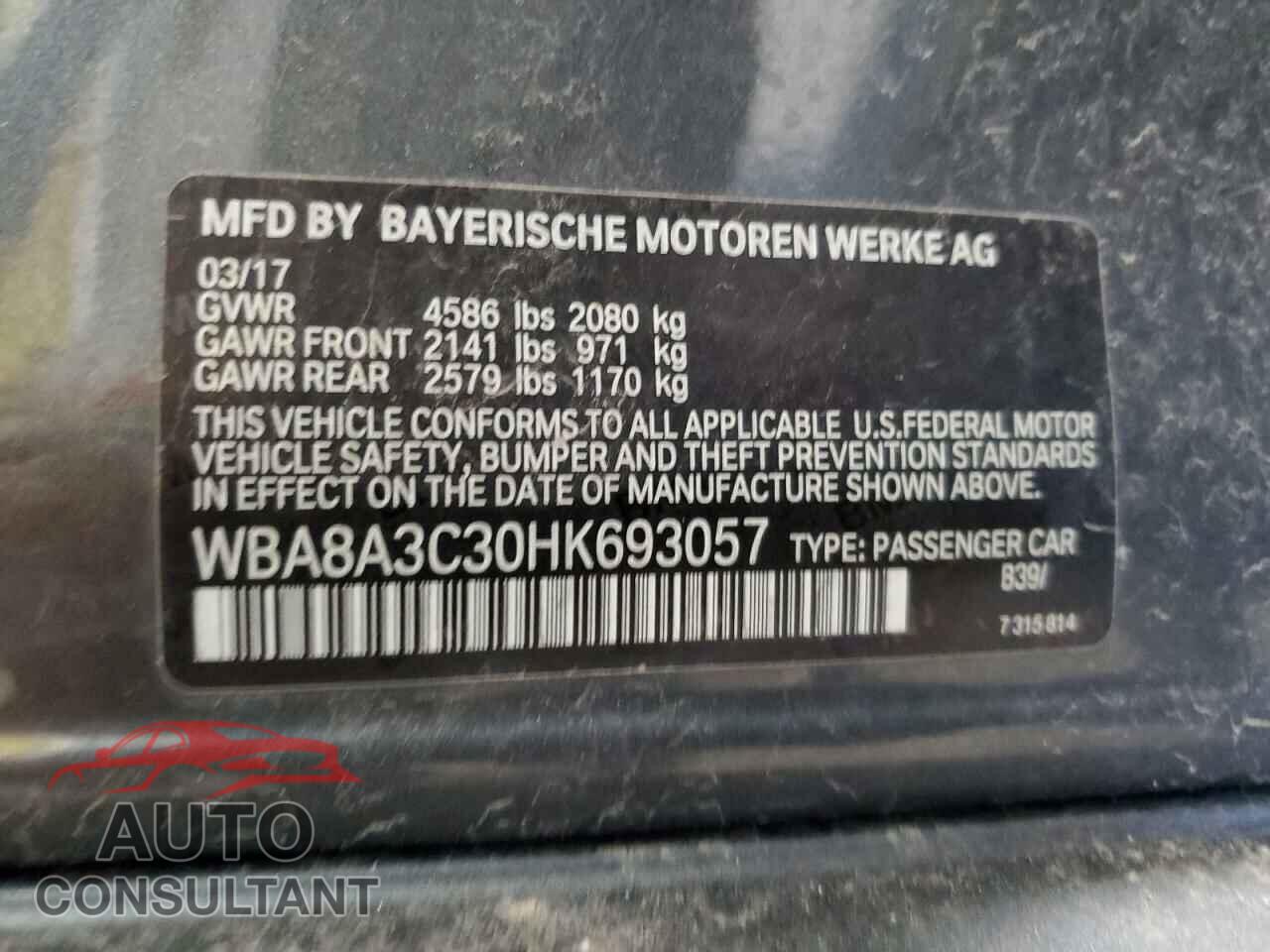 BMW 3 SERIES 2017 - WBA8A3C30HK693057