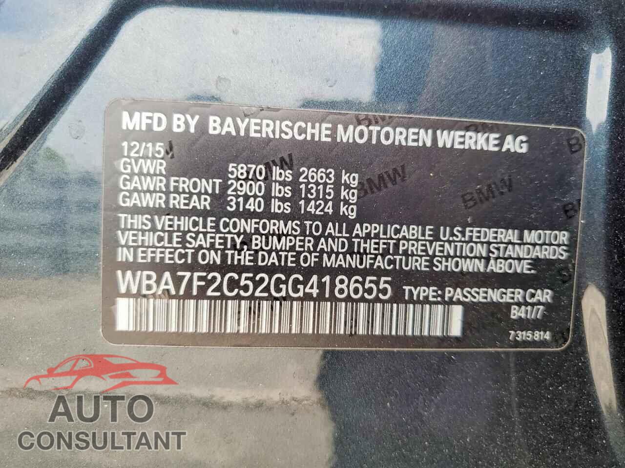 BMW 7 SERIES 2016 - WBA7F2C52GG418655