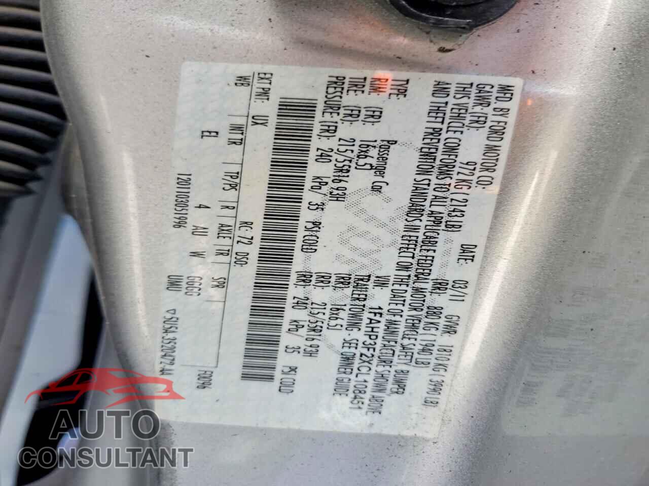 FORD FOCUS 2012 - 1FAHP3F2XCL108451
