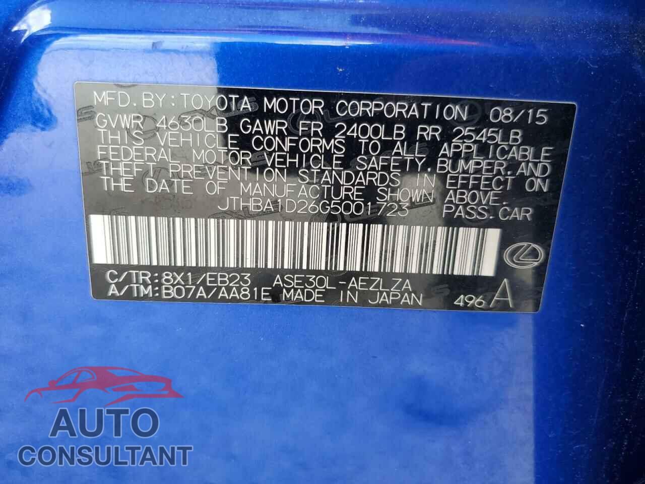 LEXUS IS 2016 - JTHBA1D26G5001723