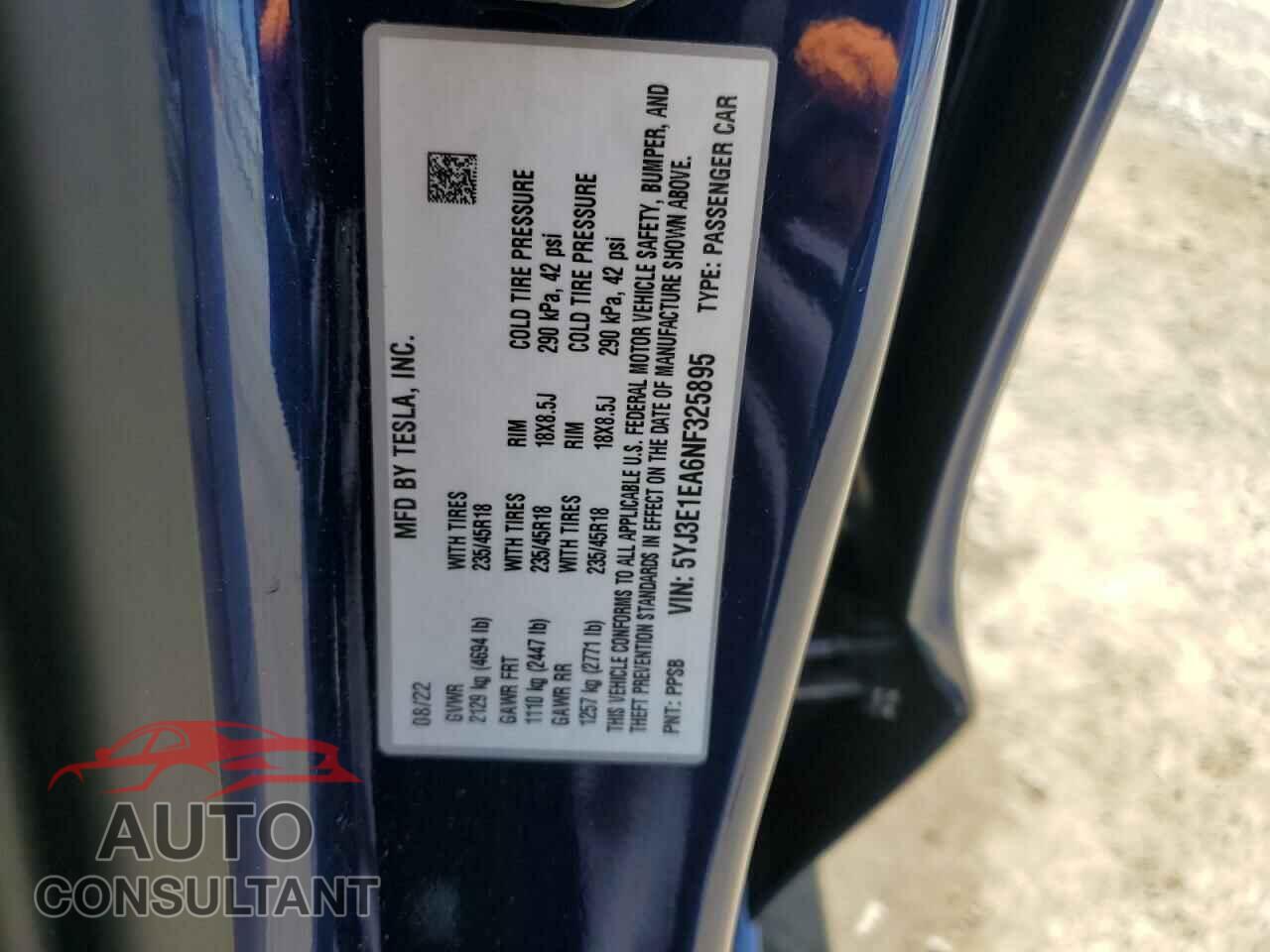 TESLA MODEL 3 2022 - 5YJ3E1EA6NF325895