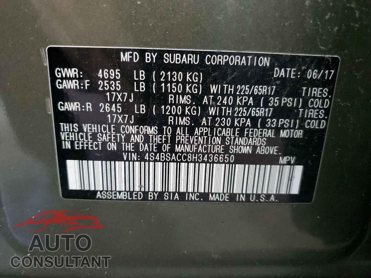 SUBARU OUTBACK 2017 - 4S4BSACC8H3436650