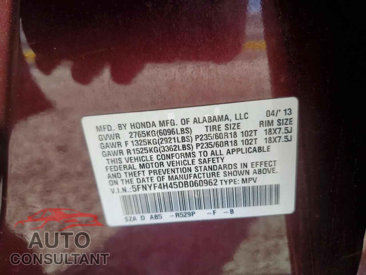 HONDA PILOT 2013 - 5FNYF4H45DB060962