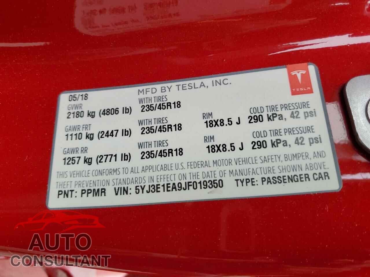 TESLA MODEL 3 2018 - 5YJ3E1EA9JF019350