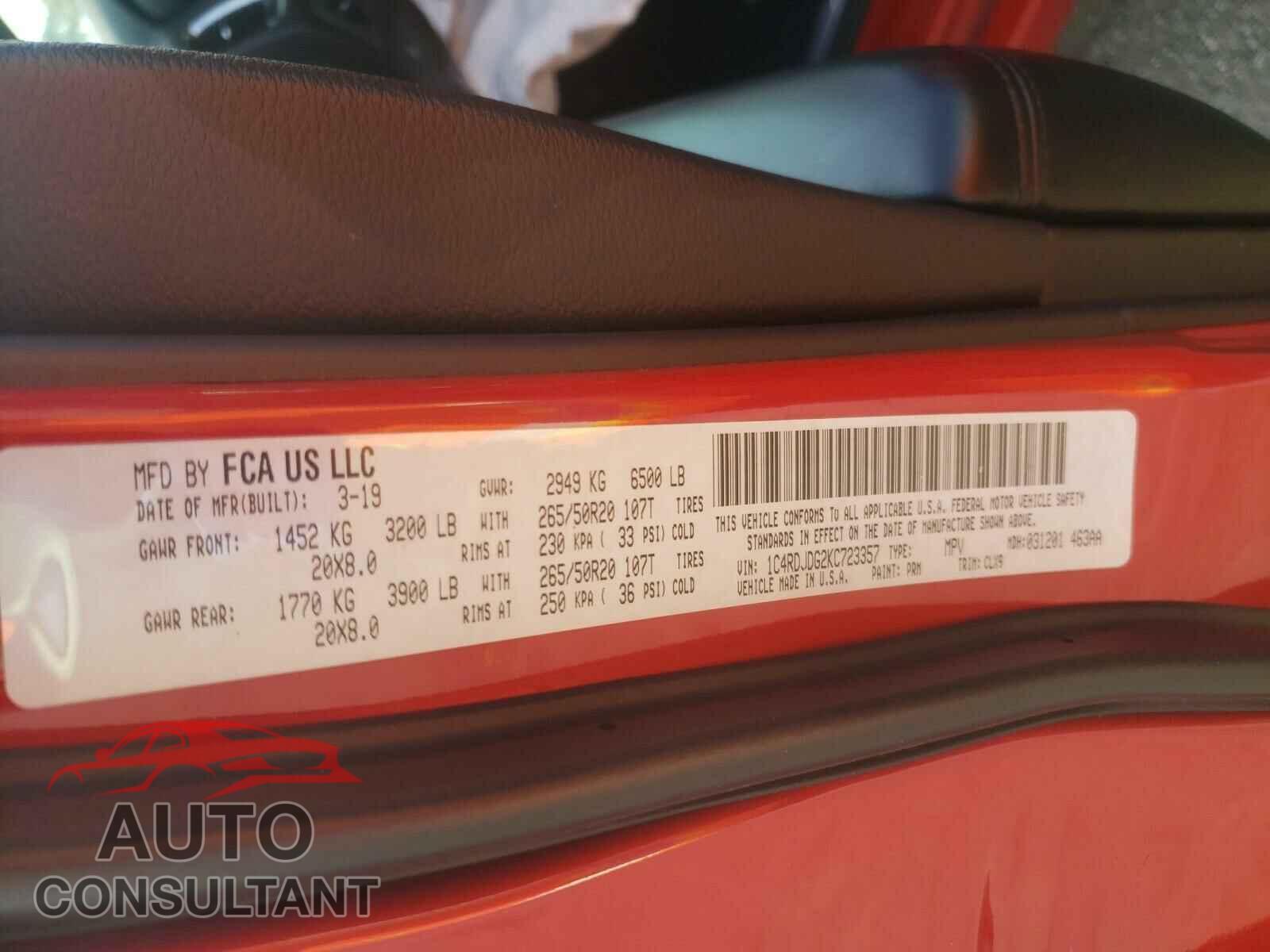 DODGE DURANGO 2019 - 1C4RDJDG2KC723357