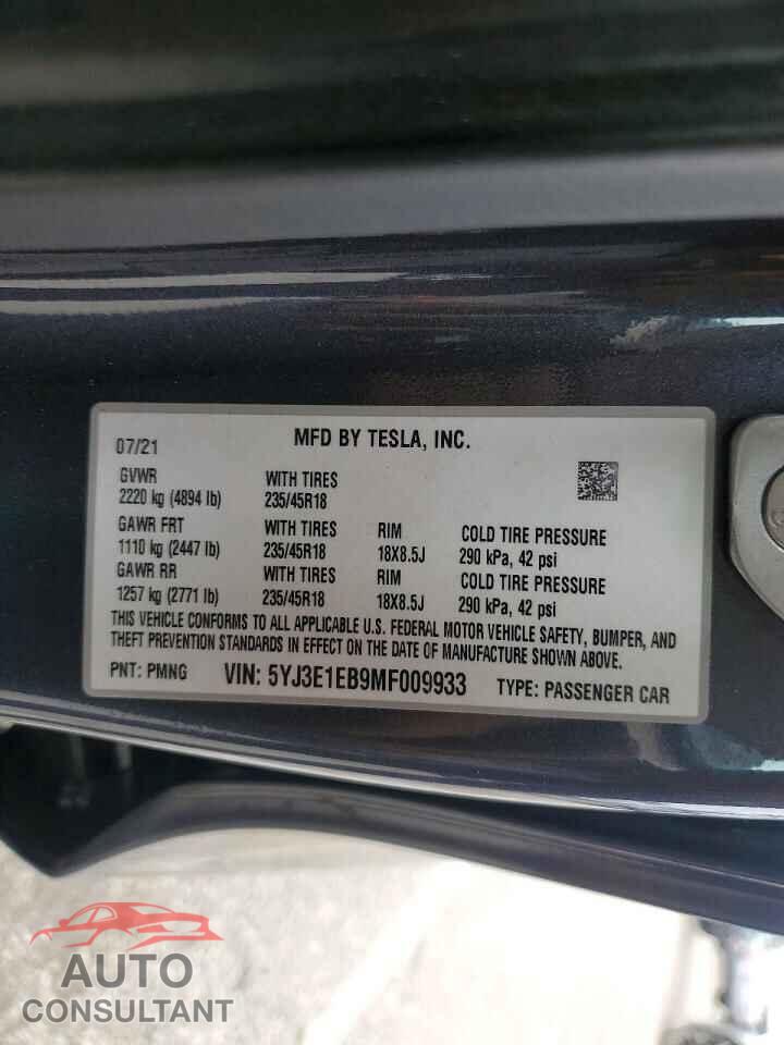 TESLA MODEL 3 2021 - 5YJ3E1EB9MF009933