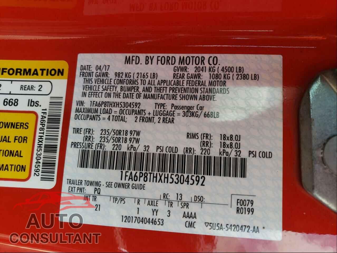 FORD MUSTANG 2017 - 1FA6P8THXH5304592