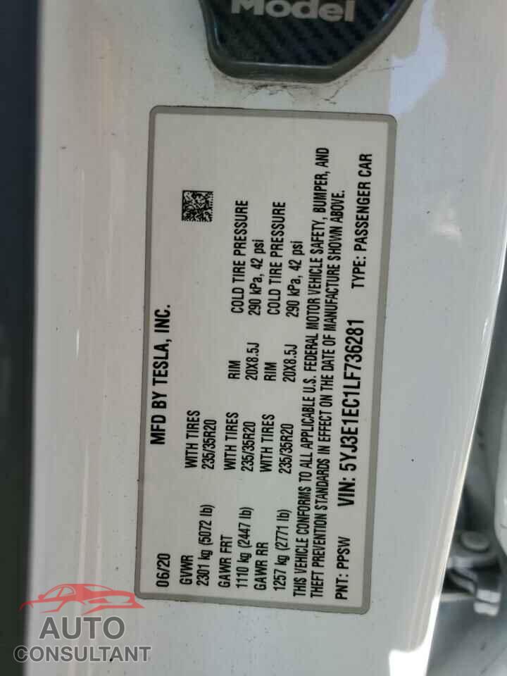 TESLA MODEL 3 2020 - 5YJ3E1EC1LF736281