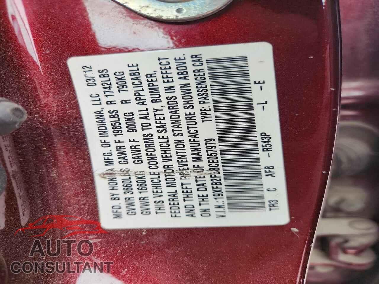 HONDA CIVIC 2012 - 19XFB2F58CE057979