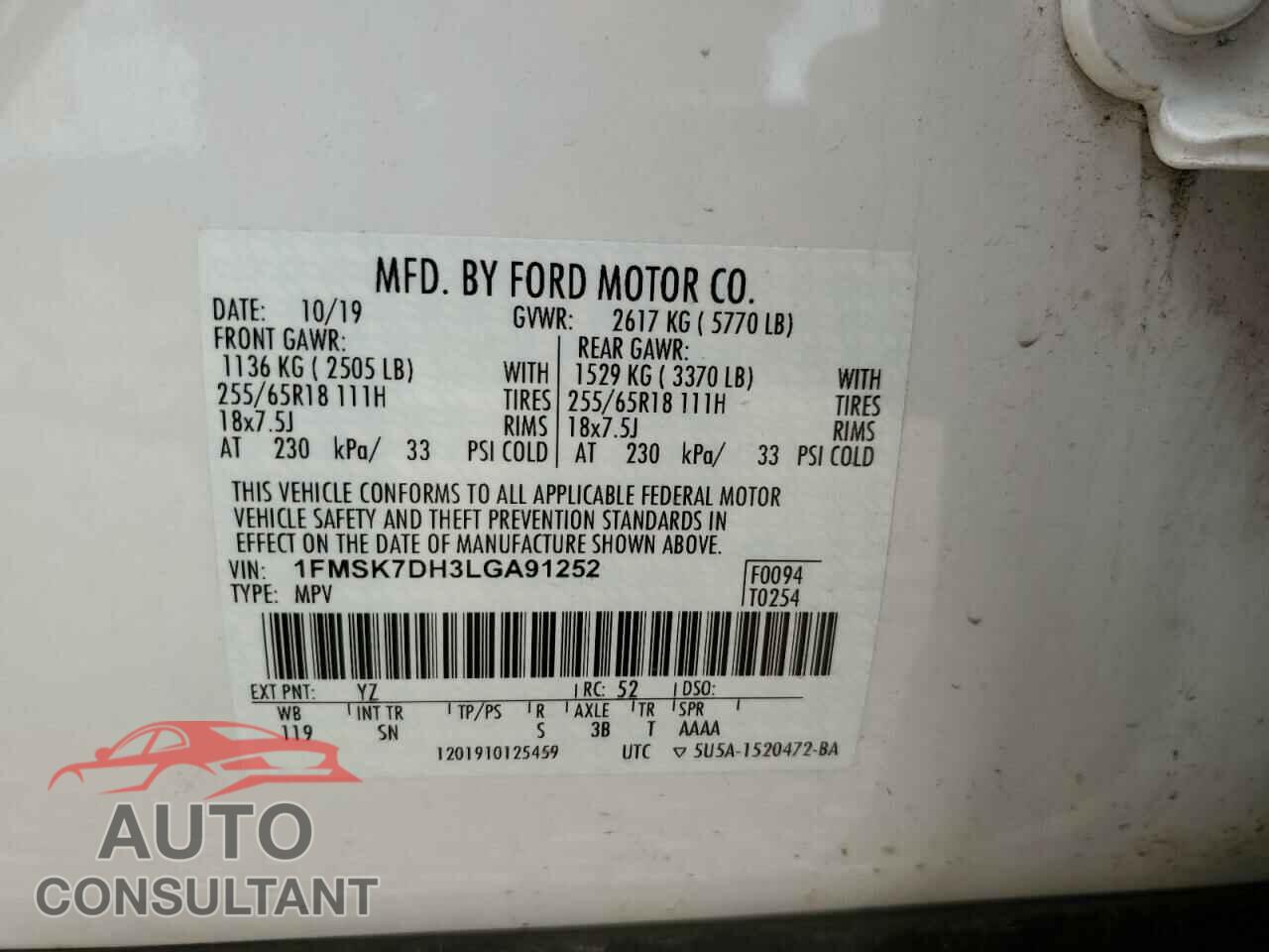 FORD EXPLORER 2020 - 1FMSK7DH3LGA91252