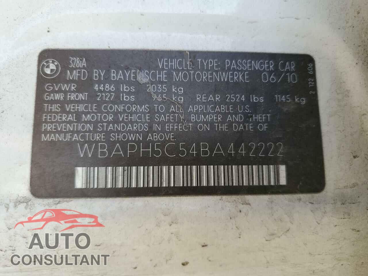 BMW 3 SERIES 2011 - WBAPH5C54BA442222