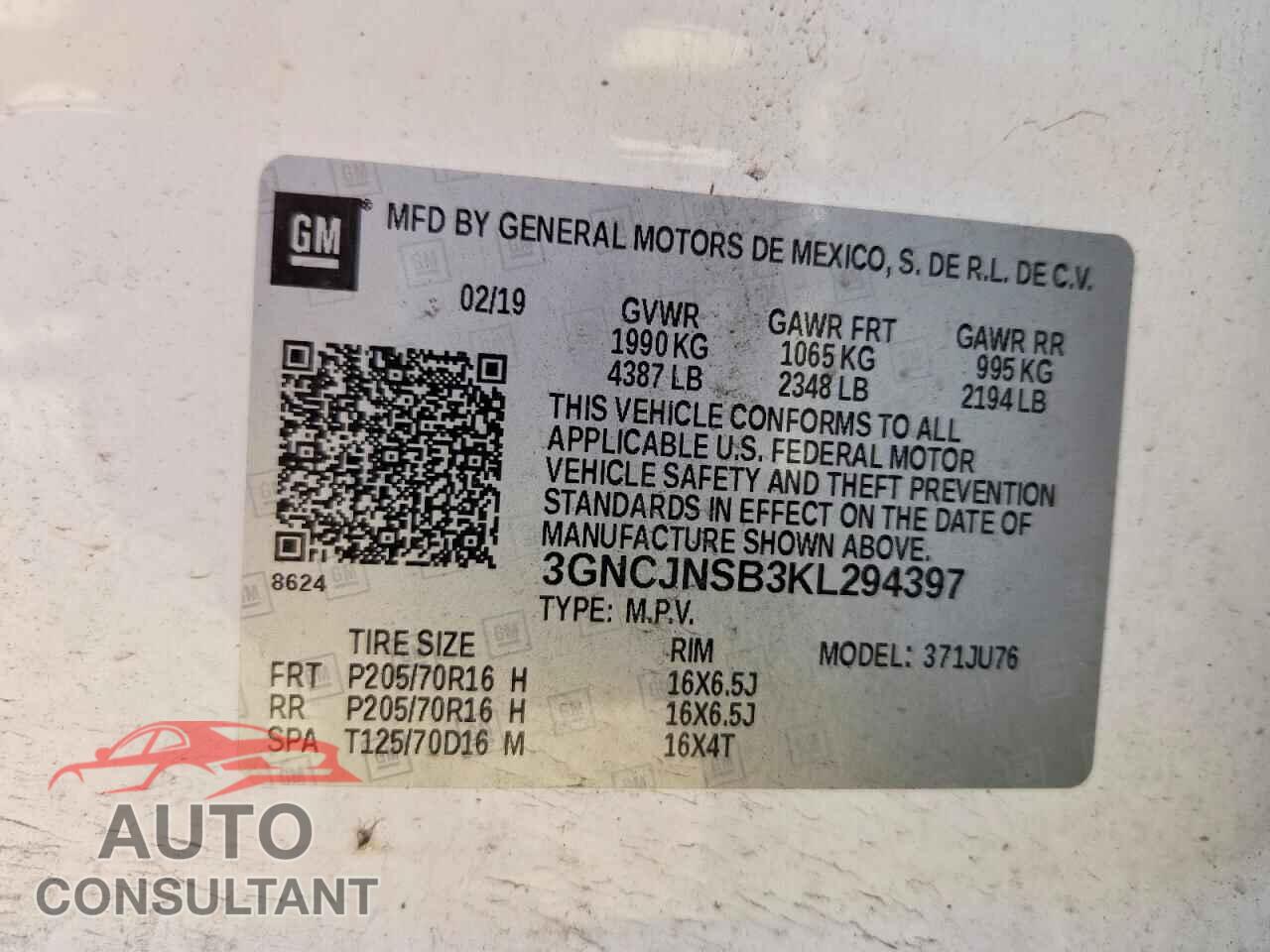 CHEVROLET TRAX 2019 - 3GNCJNSB3KL294397