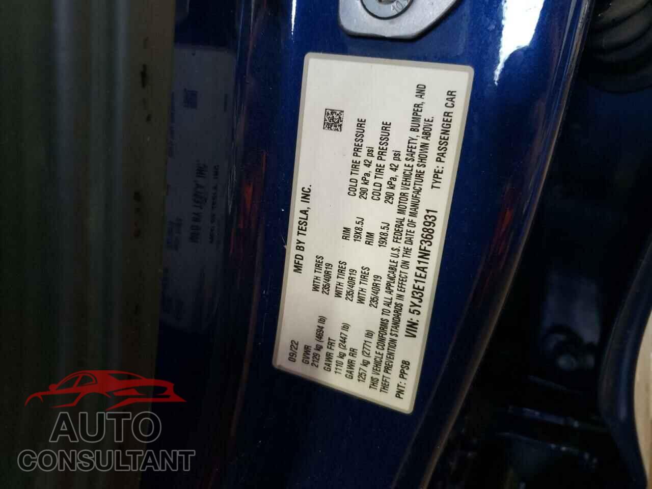 TESLA MODEL 3 2022 - 5YJ3E1EA1NF368931