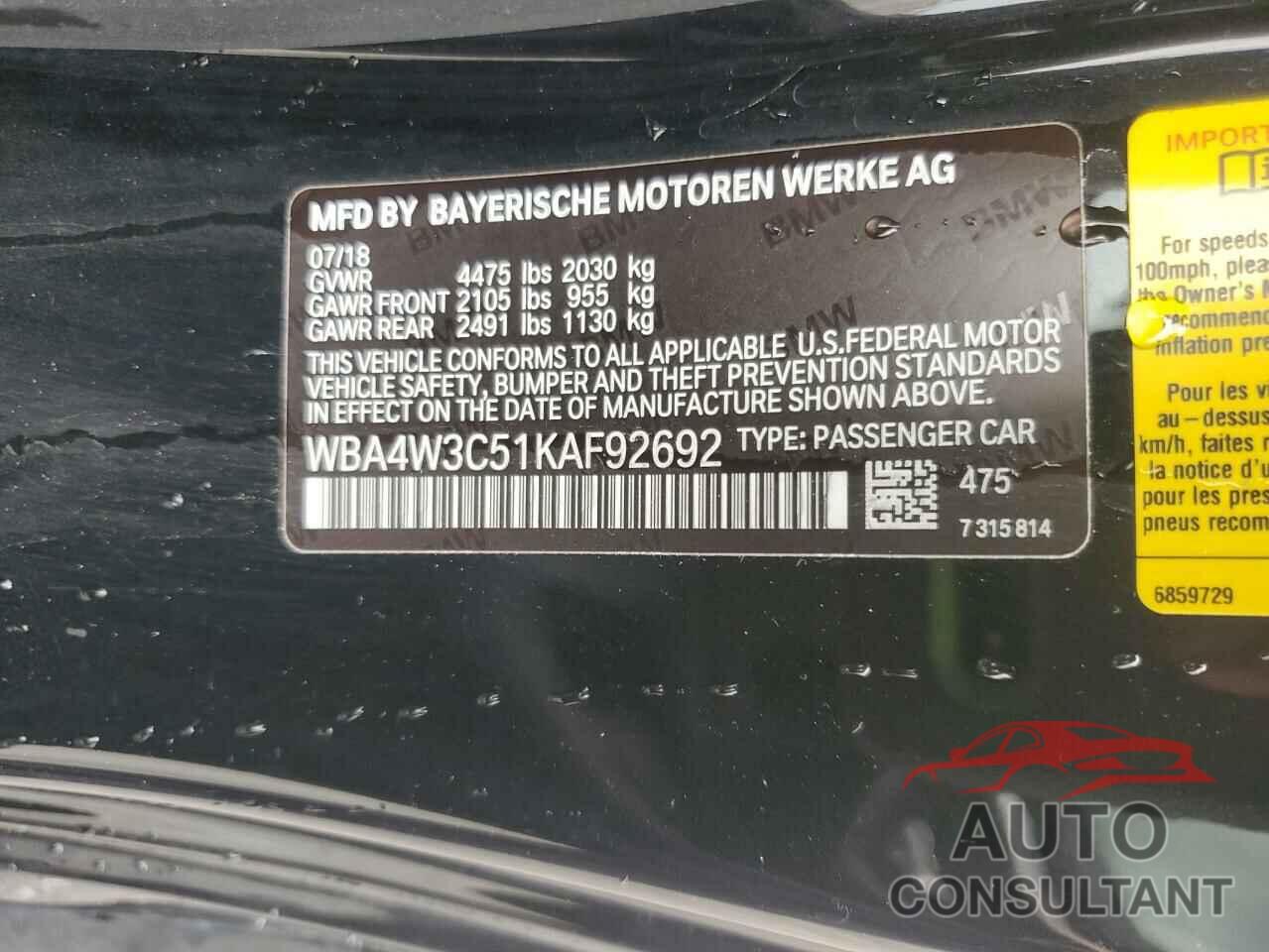 BMW 4 SERIES 2019 - WBA4W3C51KAF92692