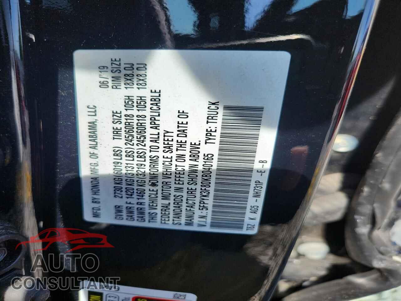 HONDA RIDGELINE 2019 - 5FPYK3F80KB040165