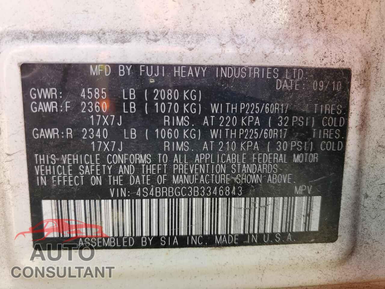 SUBARU OUTBACK 2011 - 4S4BRBGC3B3346843