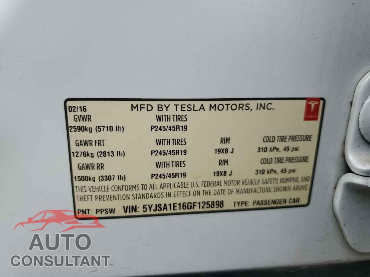 TESLA MODEL S 2016 - 5YJSA1E16GF125898